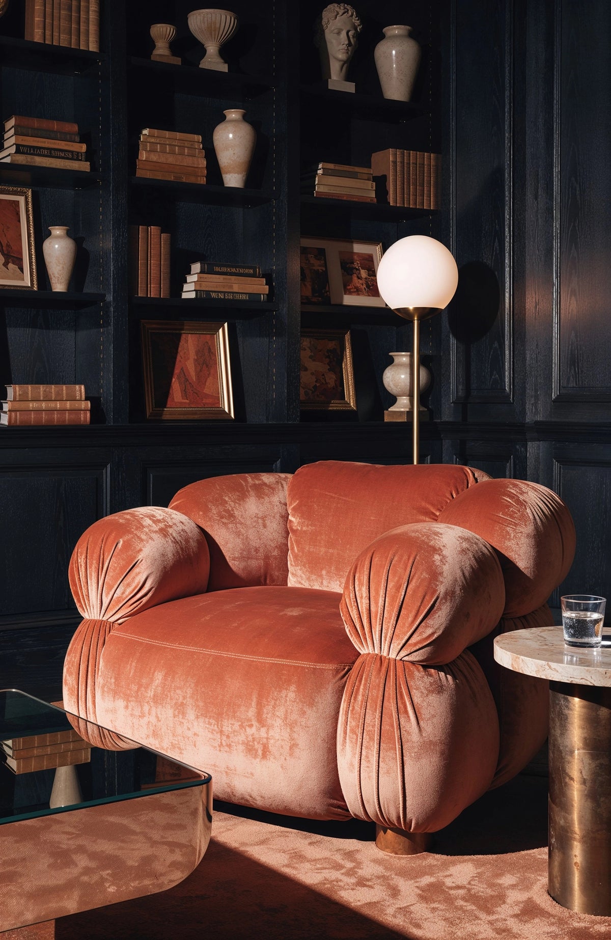 Black living room ideas with black built-in library shelves, sculptural rust velvet statement chair, brass globe floor lamp, stone side table, vintage books, framed art, and cream ceramics.