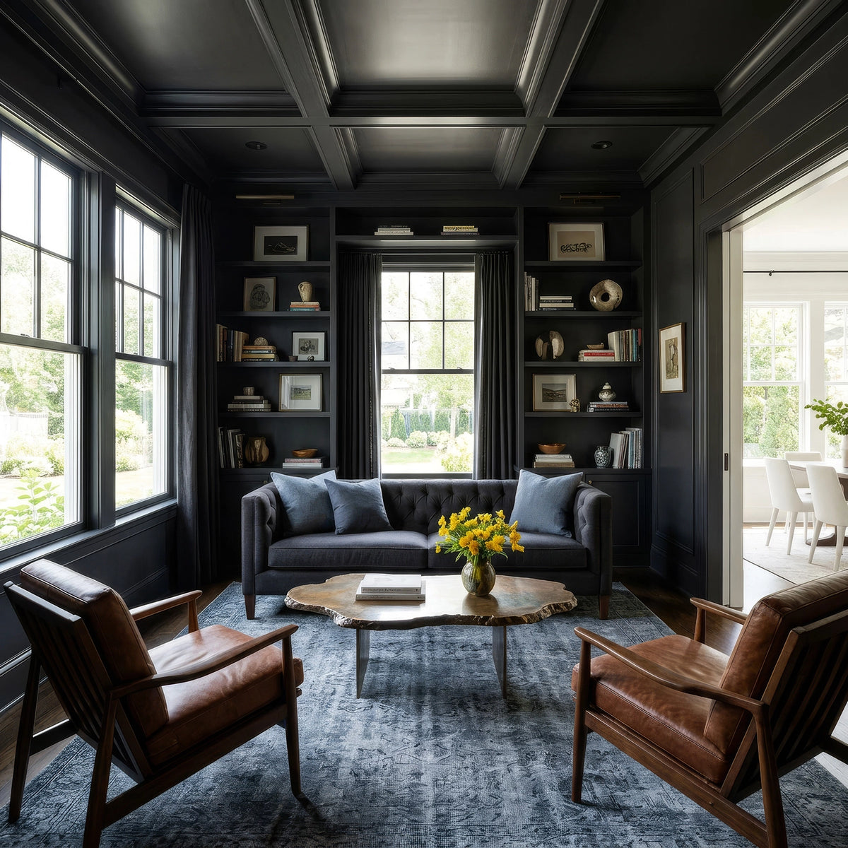 Black living room ideas featuring soft matte black walls and ceiling, built-in bookcases, cognac leather chairs, warm wood, and a charcoal sofa.