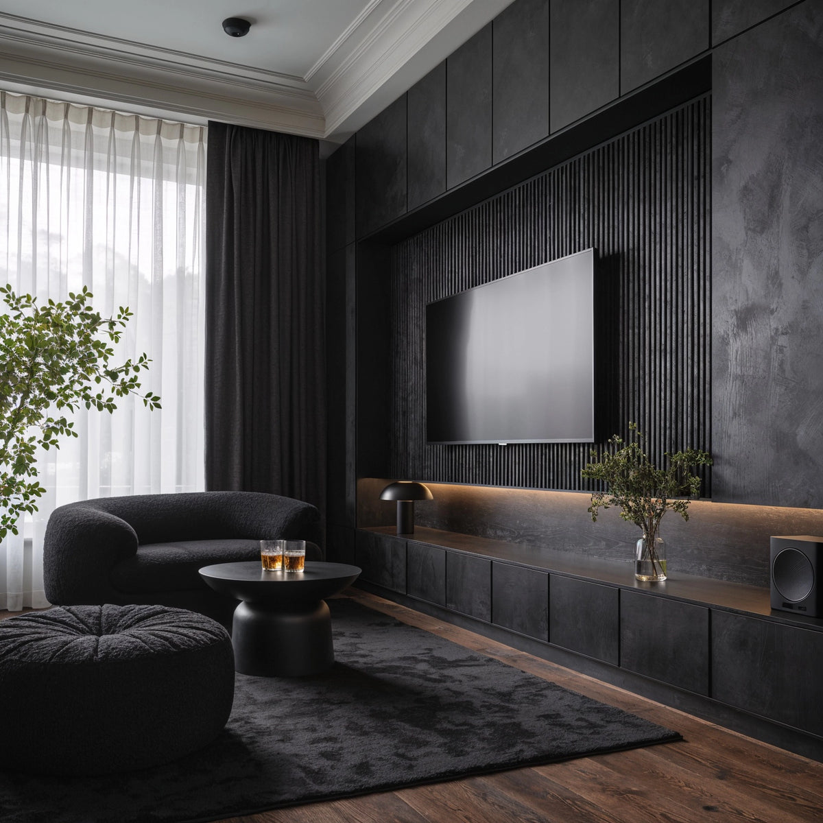 Black living room ideas with textured black media wall, vertical fluted paneling, integrated warm lighting, black lounge chair and ottoman, dark rug, and warm wood flooring.