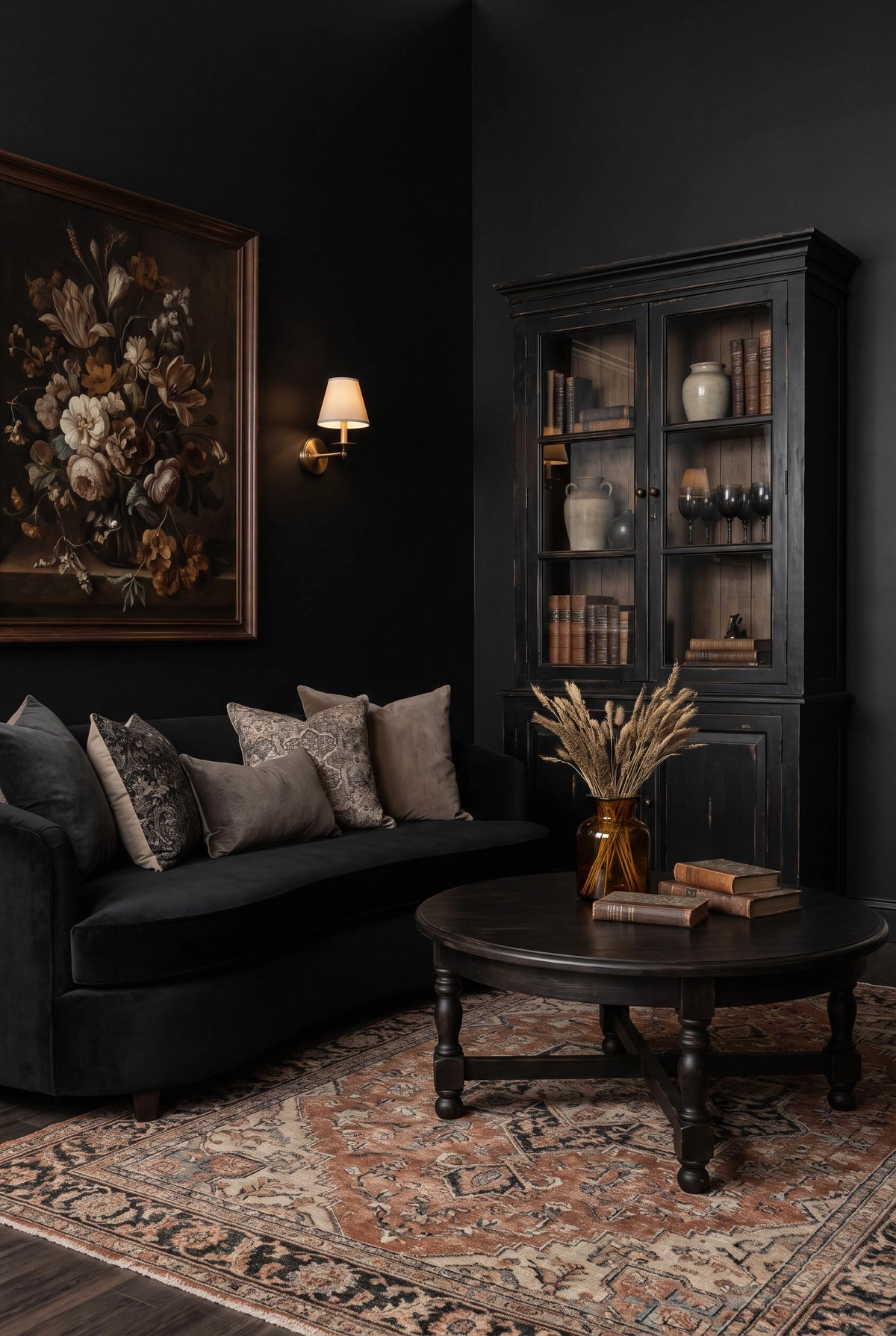 Black living room ideas with matte black walls, black sofa, traditional floral artwork, vintage display cabinet, terracotta patterned rug, and dark wood coffee table.