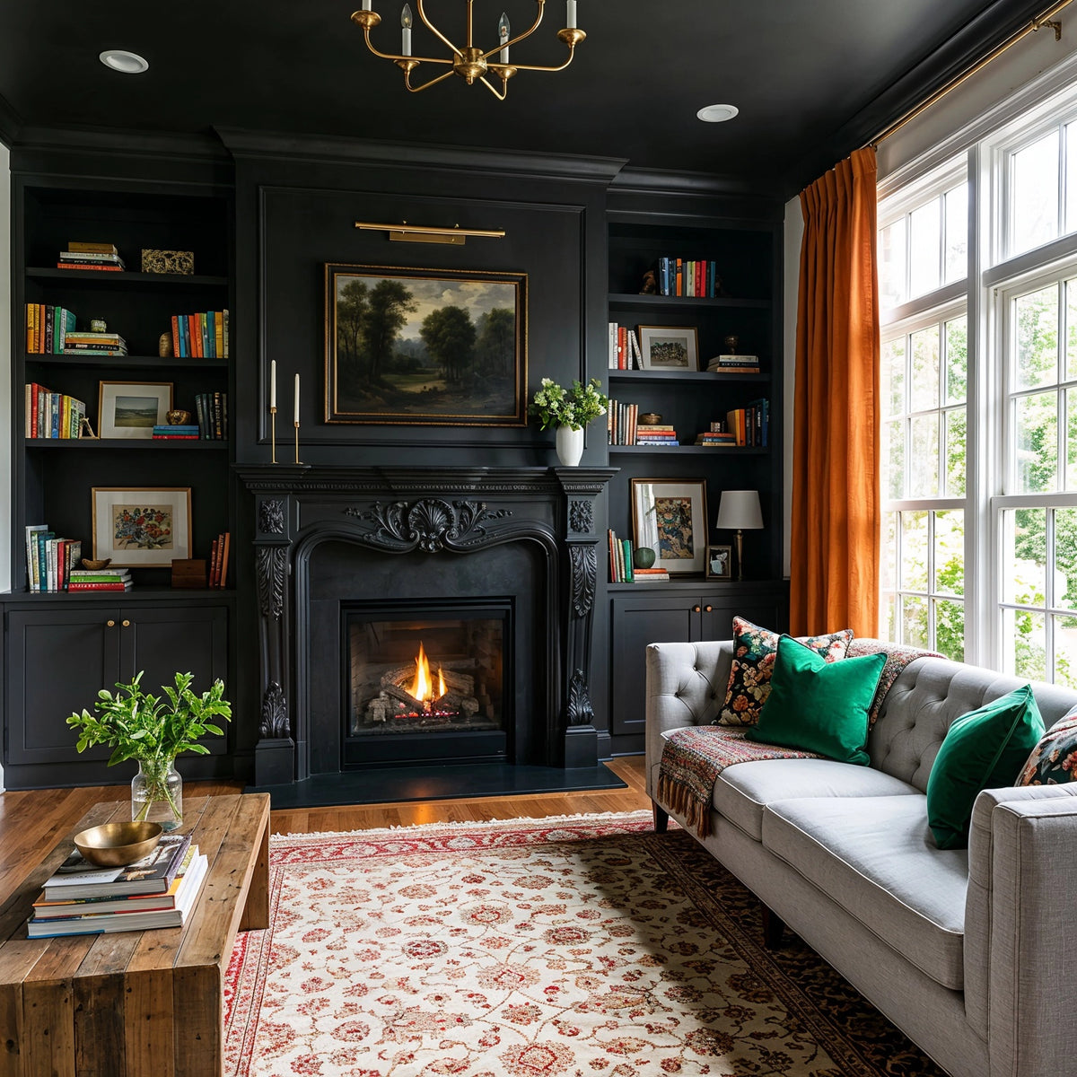 Black living room ideas with an ornate black fireplace, matching built-in bookcases, gray tufted sofa, green accent pillows, orange curtains, patterned rug, and wood coffee table.