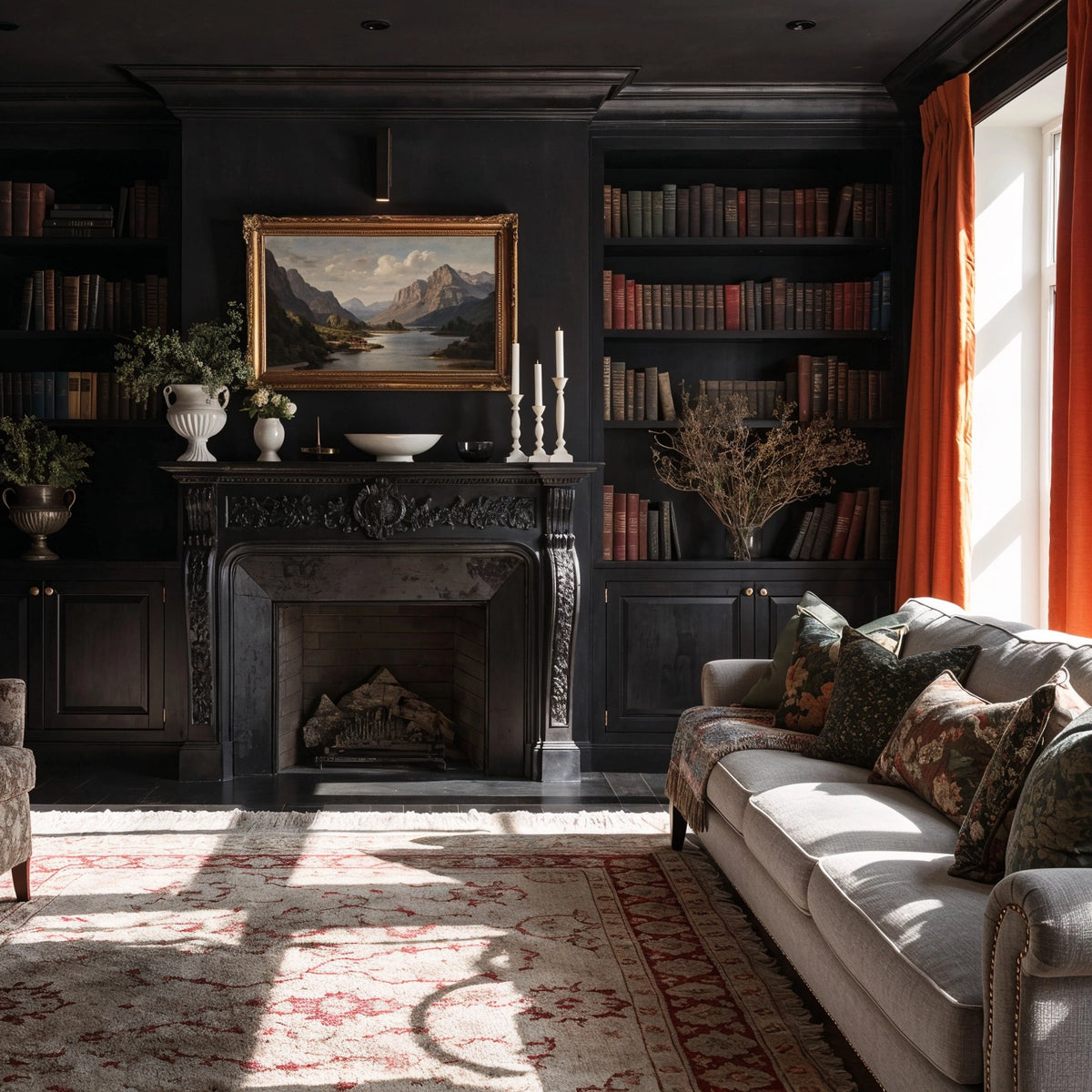 Black living room ideas with an ornate black fireplace, floor-to-ceiling built-in bookcases, antique-style books, gray sofa, floral pillows, rust curtains, and patterned area rug.