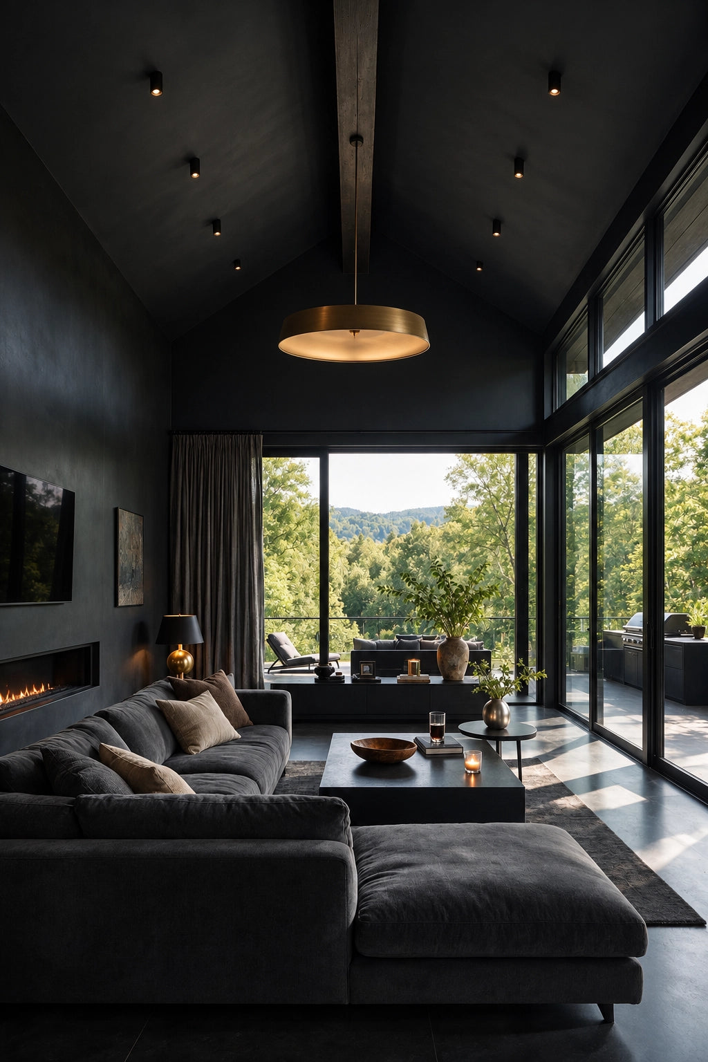 Black living room ideas with vaulted black ceiling, exposed beam, charcoal sectional sofa, linear fireplace, black-framed windows, brass ceiling light, and wooded views.