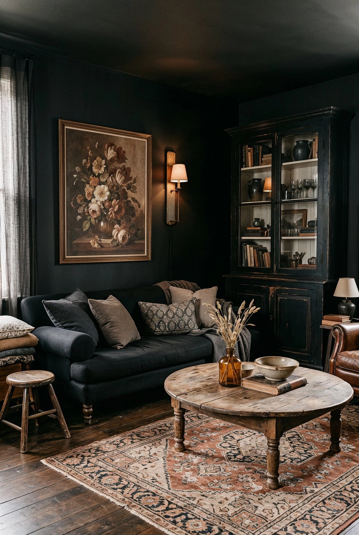 Black living room ideas with matte black walls, black sofa, vintage display cabinet, weathered wood coffee table, floral artwork, and a traditional patterned rug.