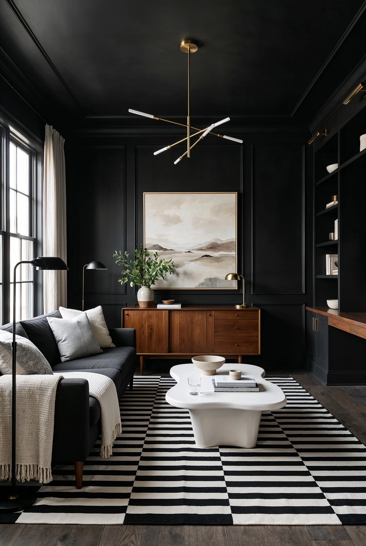Black living room ideas with black paneled walls and ceiling, walnut credenza, charcoal sofa, sculptural white coffee table, and graphic black-and-white rug.