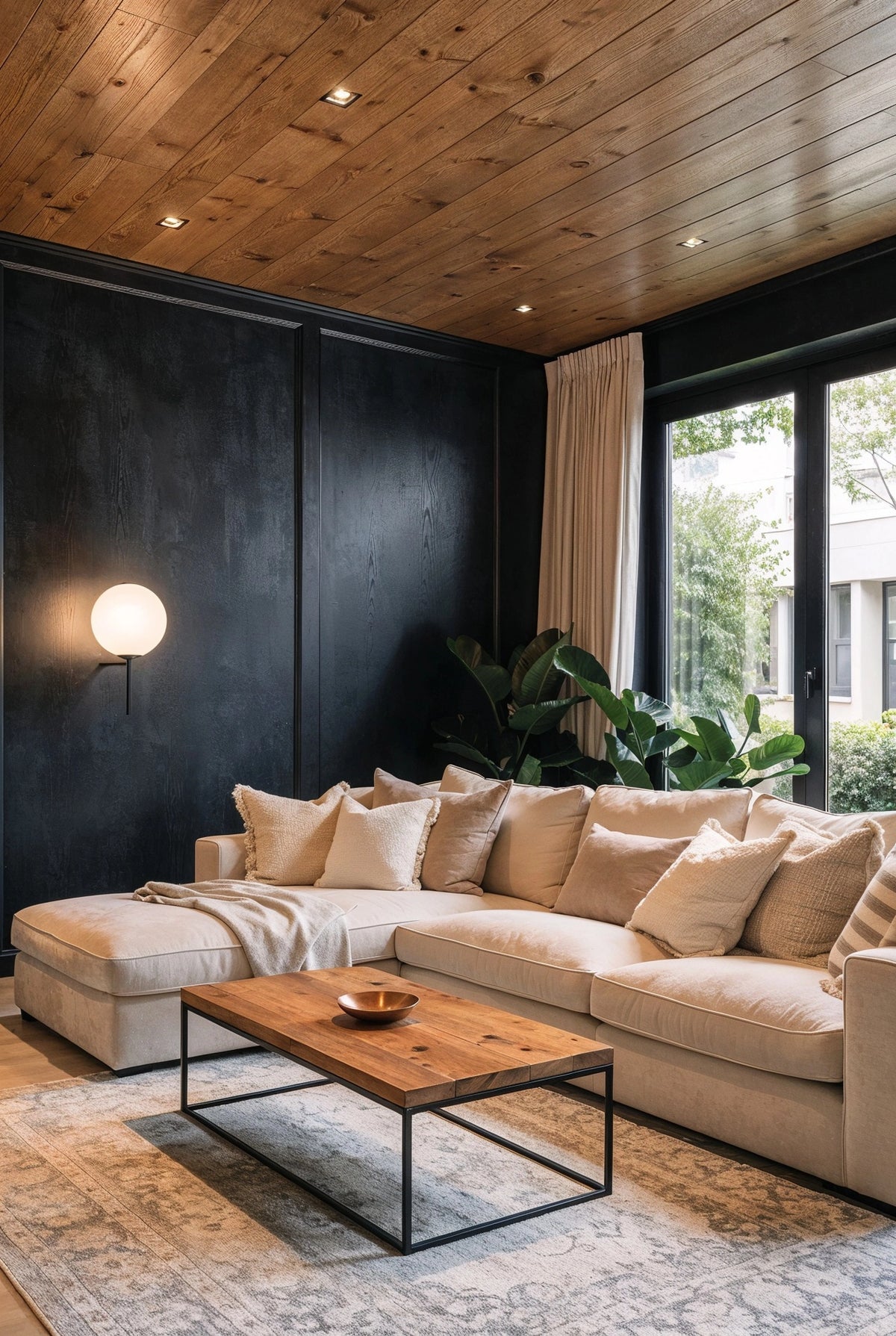 Black living room ideas with black paneled walls, warm wood ceiling, cream sectional sofa, wood and black metal coffee table, greenery, and large glass doors.