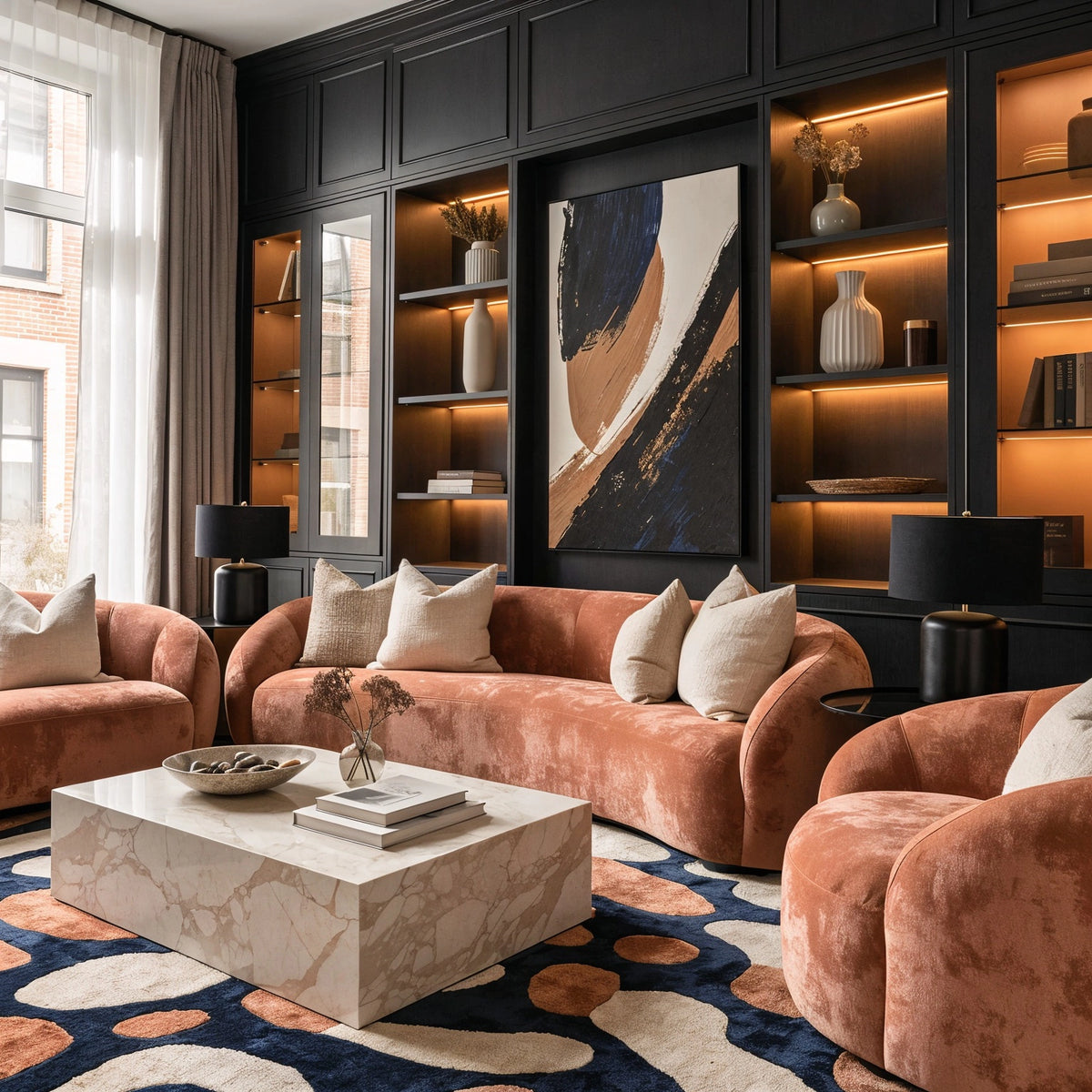 Black living room with muted terracotta curved sofa and lounge chairs, black built-in cabinetry, cream marble coffee table, abstract artwork, and navy terracotta area rug.