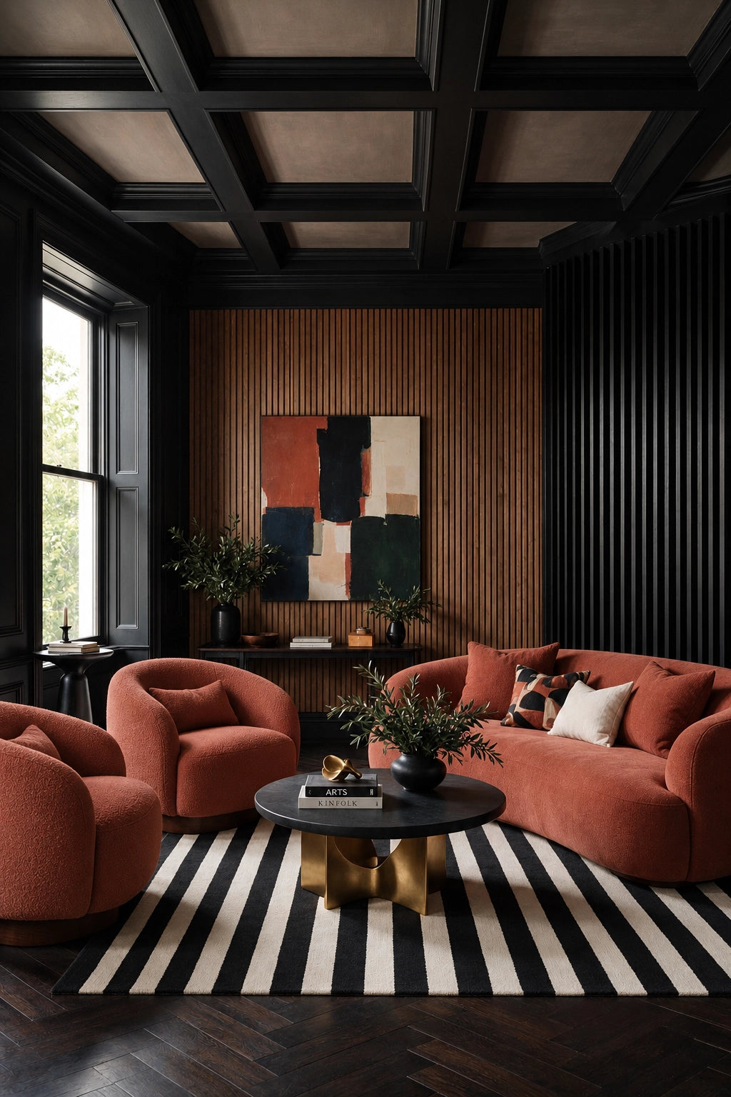 Black living room with muted terracotta curved sofa and lounge chairs, black coffered ceiling, dark wood floor, striped rug, walnut slat wall, and round black coffee table.