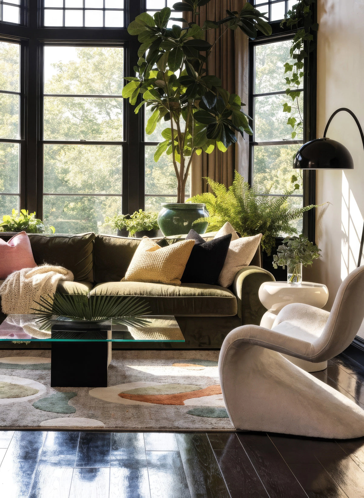 Black living room with olive green velvet sofa, forest green houseplants, sculptural cream lounge chair, glass coffee table, black-framed windows, and dark wood flooring.