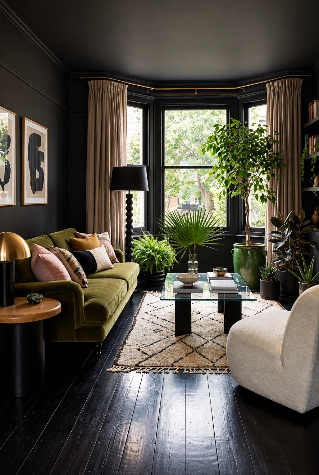 Black living room with an olive green velvet sofa, forest green houseplants, cream sculptural chair, glass coffee table, beige curtains, and dark wood flooring.