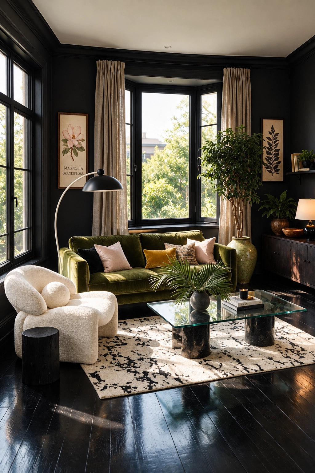 Black living room with an olive green velvet sofa, sculptural cream lounge chair, glass coffee table, beige curtains, indoor trees, and glossy dark wood flooring.