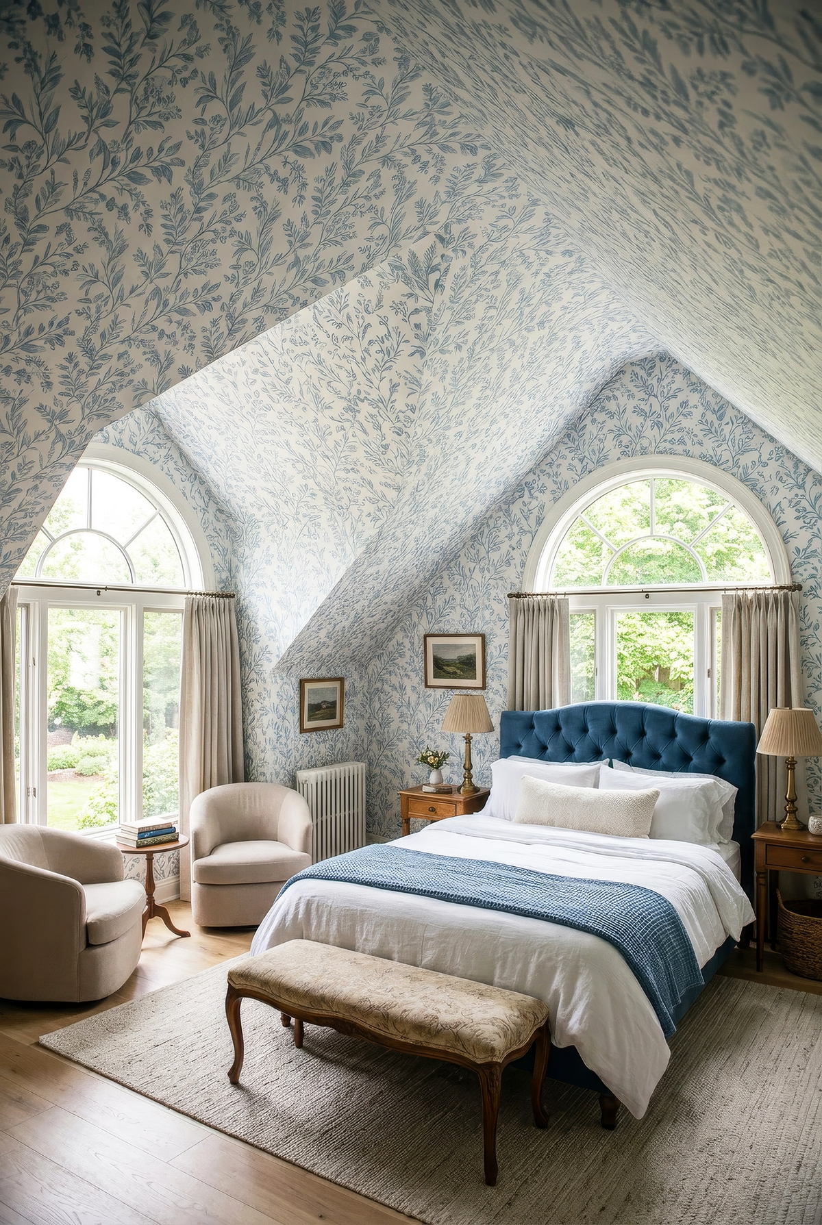 Blue botanical wallpaper extending from walls onto ceiling in a vaulted bedroom with tufted bed and neutral furnishings