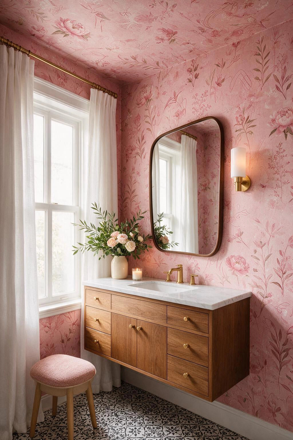 Blush floral wallpaper powder room with floating oak vanity, marble countertop, bronze mirror, and brass wall sconce