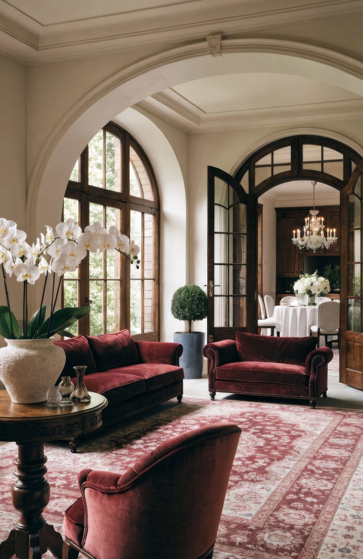 CharmyDecor elegant burgundy living room with velvet sofas and armchair, a faded red rug, carved dark-wood table, arched windows, white orchids, and a crystal chandelier.