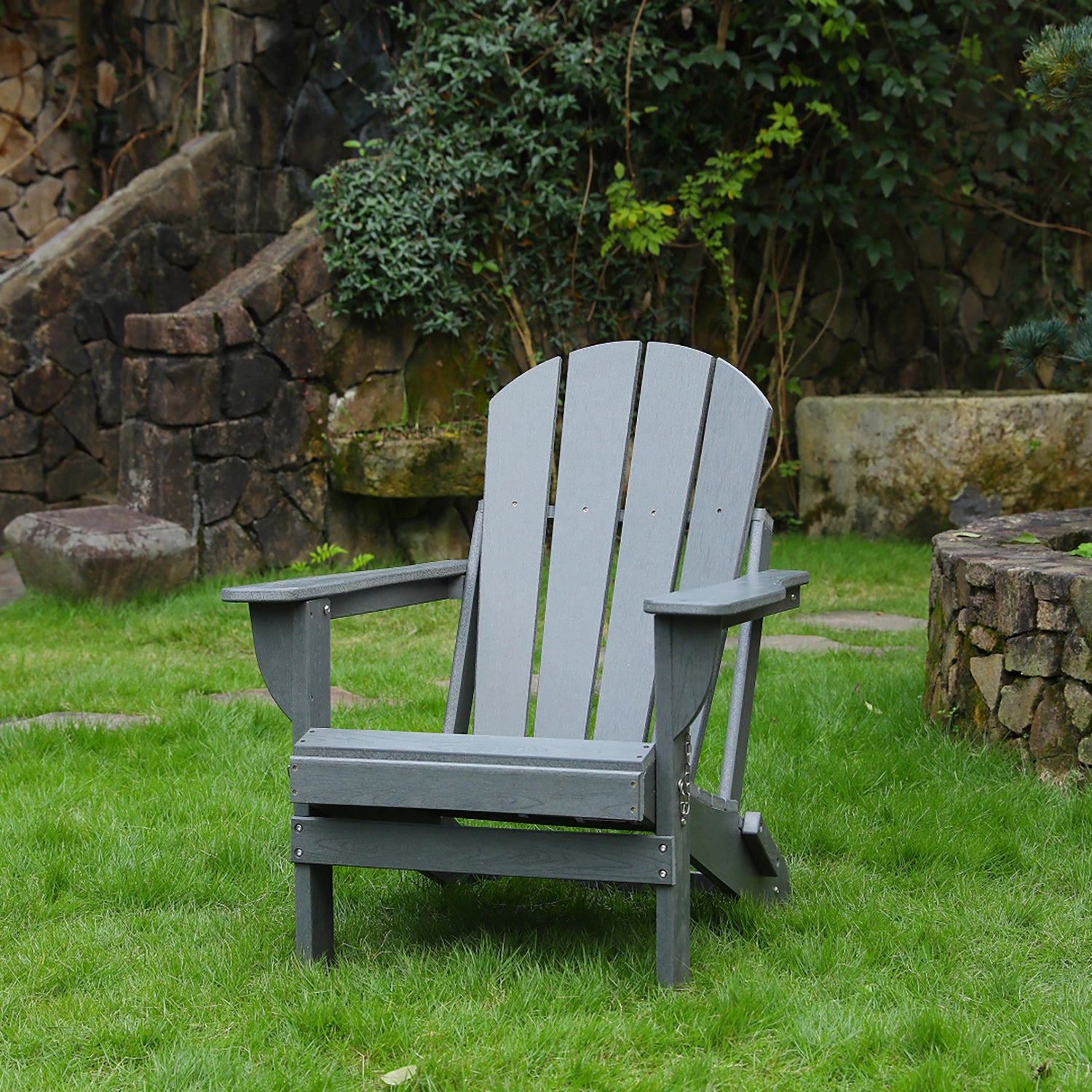 Grey HDPE Folding Adirondack Chair – All-Weather Outdoor Patio