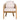 charmydecor Grotta outdoor dining arm chair front view with teak finish acacia wood frame beige rope arms and cream cushion