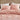 Pink quilted bedding set on a bed with decorative pillows, featuring icons and text indicating 'Puffy', 'Breathable', and 'Skin-friendly'.