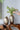 Two metallic vases on a wooden surface with a person arranging greenery.