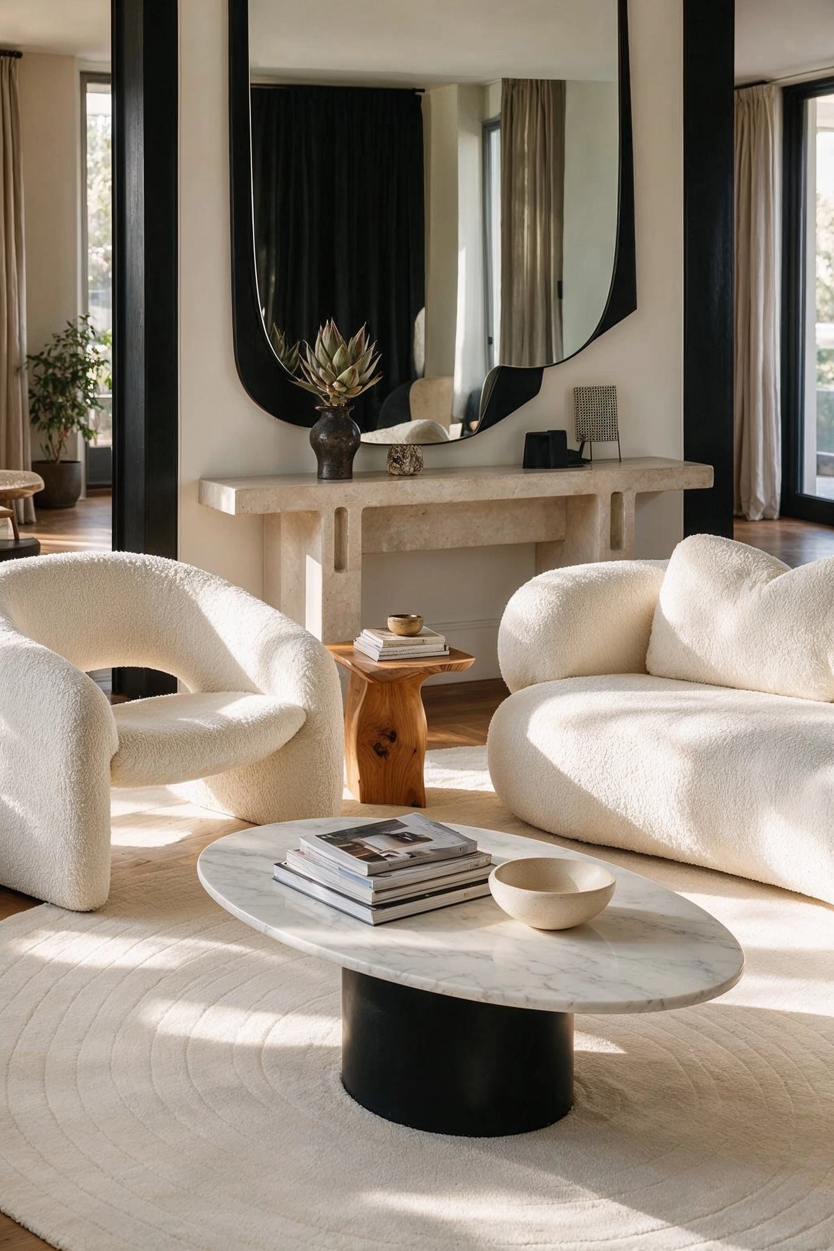 Contemporary luxury beige living room with curved bouclé seating, an oval marble coffee table, a tonal round rug, stone console, and oversized black-framed mirror by CharmyDecor