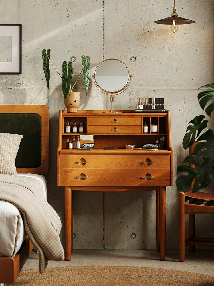 Mid-Century Solid Wood Makeup Vanity Desk with Storage Drawers & Organ   CharmyDecor
