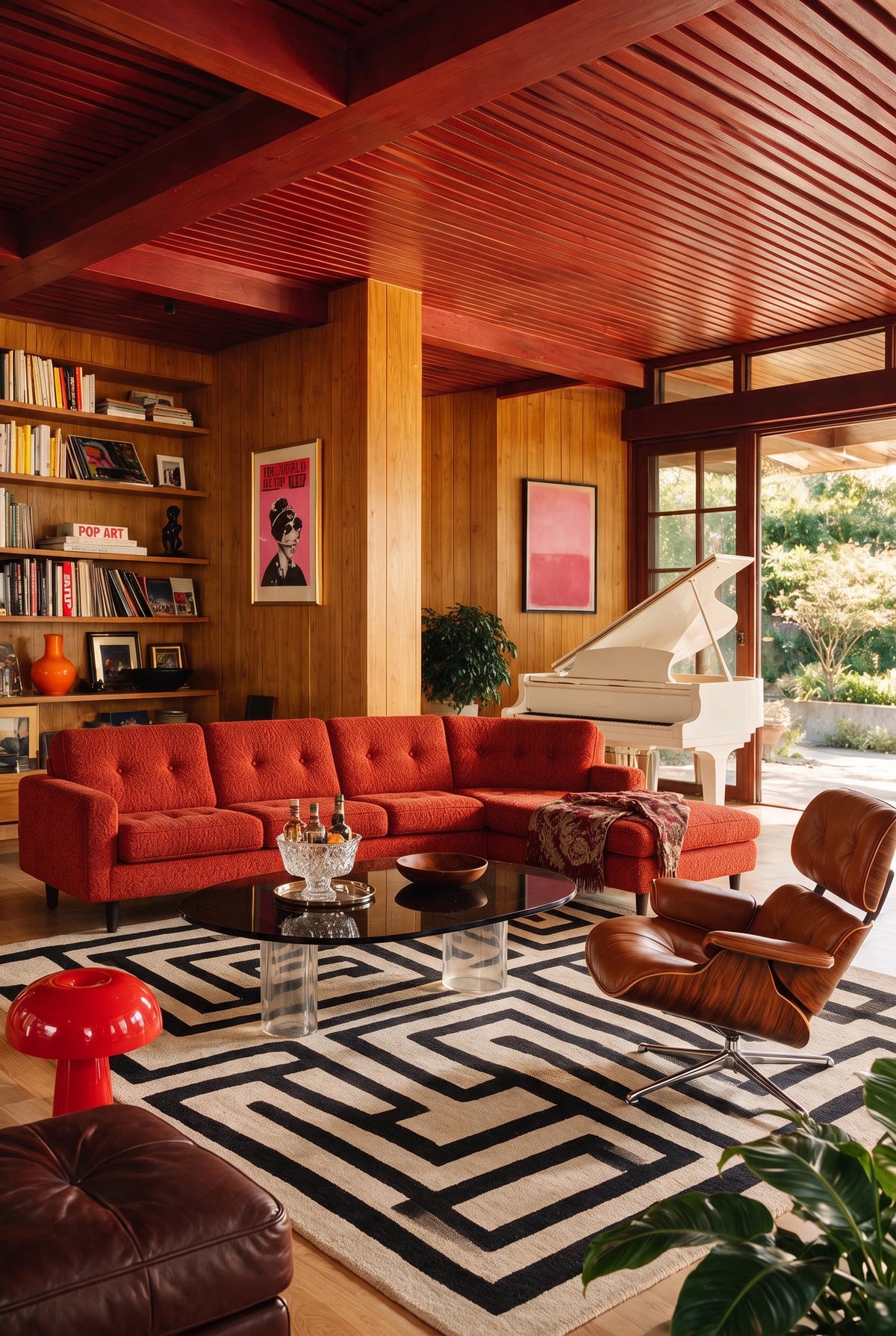 CharmyDecor mid-century modern red living room with a tufted sectional, walnut-paneled walls, brown leather lounge chair, glass coffee table, geometric rug, pop art, and white grand piano.