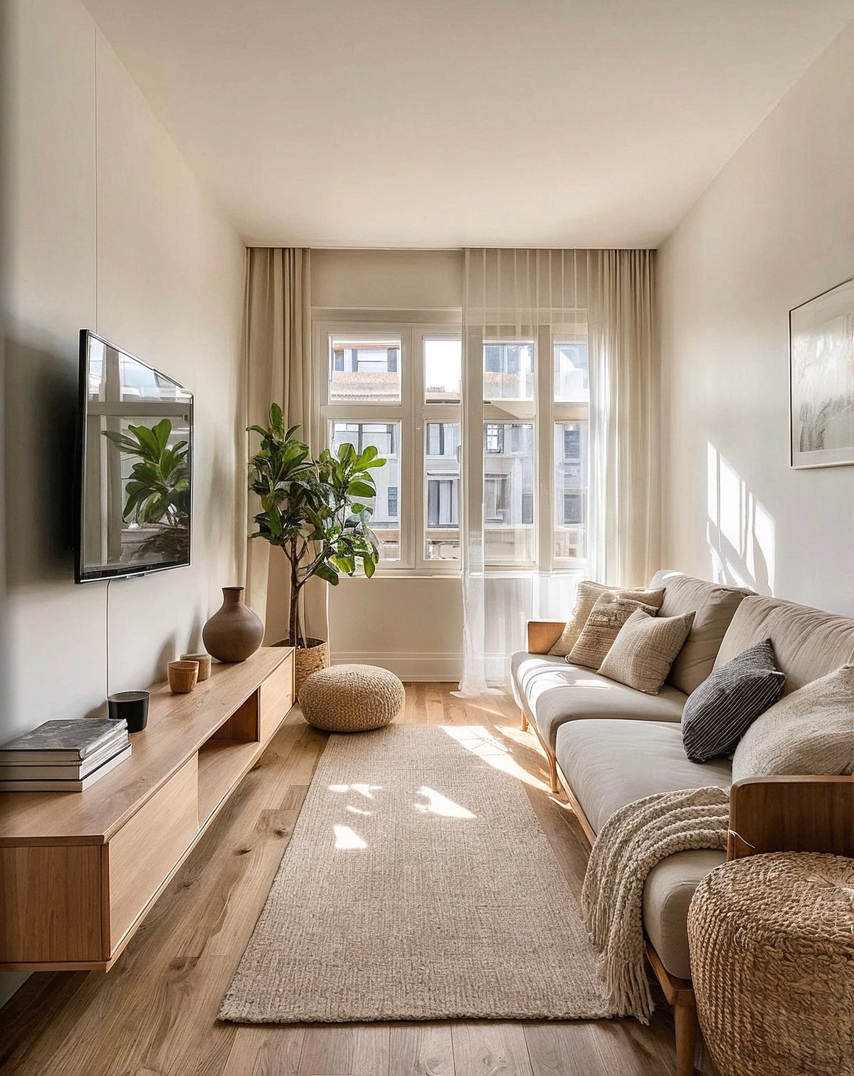 narrow living room with wall mounted tv and slim floating console, minimalist small space layout with natural light