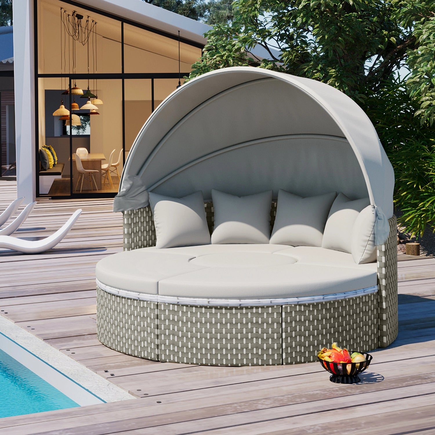 Outdoor Round Rattan Daybed Sectional Sofa Set with Retractable Canopy ...