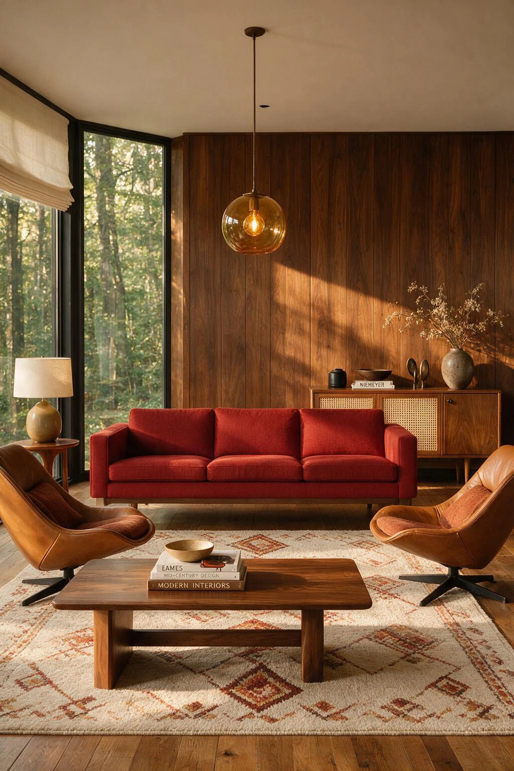 Red and brown living room with a brick-red sofa, cognac leather lounge chairs, walnut wall paneling, a wood coffee table, and an earthy patterned rug, by CharmyDecor