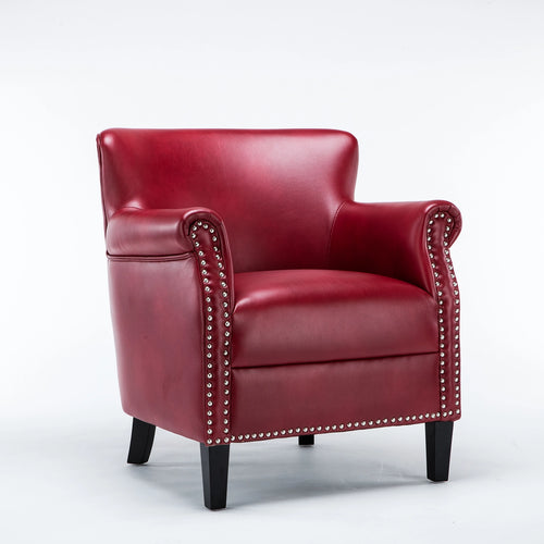 CharmyDecor red faux leather accent chair with rolled arms and nailhead trim front angle view