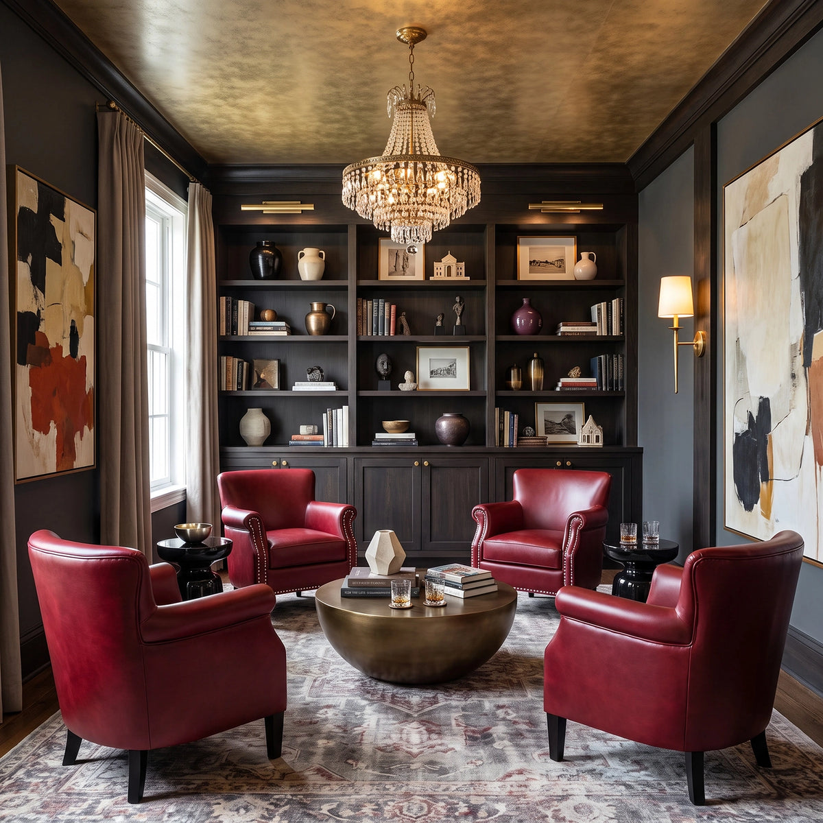 CharmyDecor red leather accent chairs in a sophisticated red and black living room with dark built-in shelves, brass coffee table, crystal chandelier, and abstract wall art.