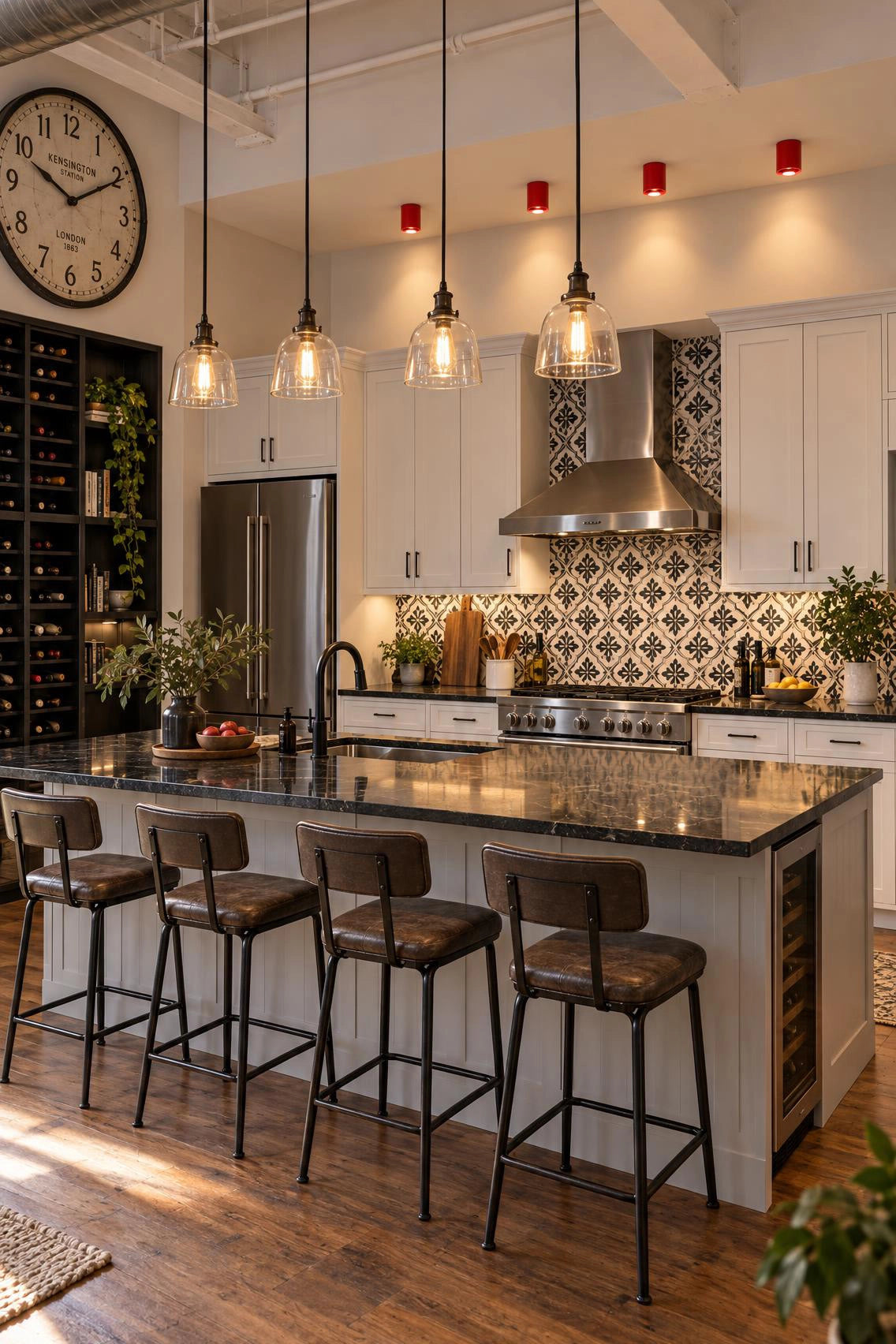 CharmyDecor Surface Mount LED Downlight red ceiling spotlights in a warm industrial kitchen with glass pendant lights, patterned backsplash, black stone island, leather stools, and white cabinetry
