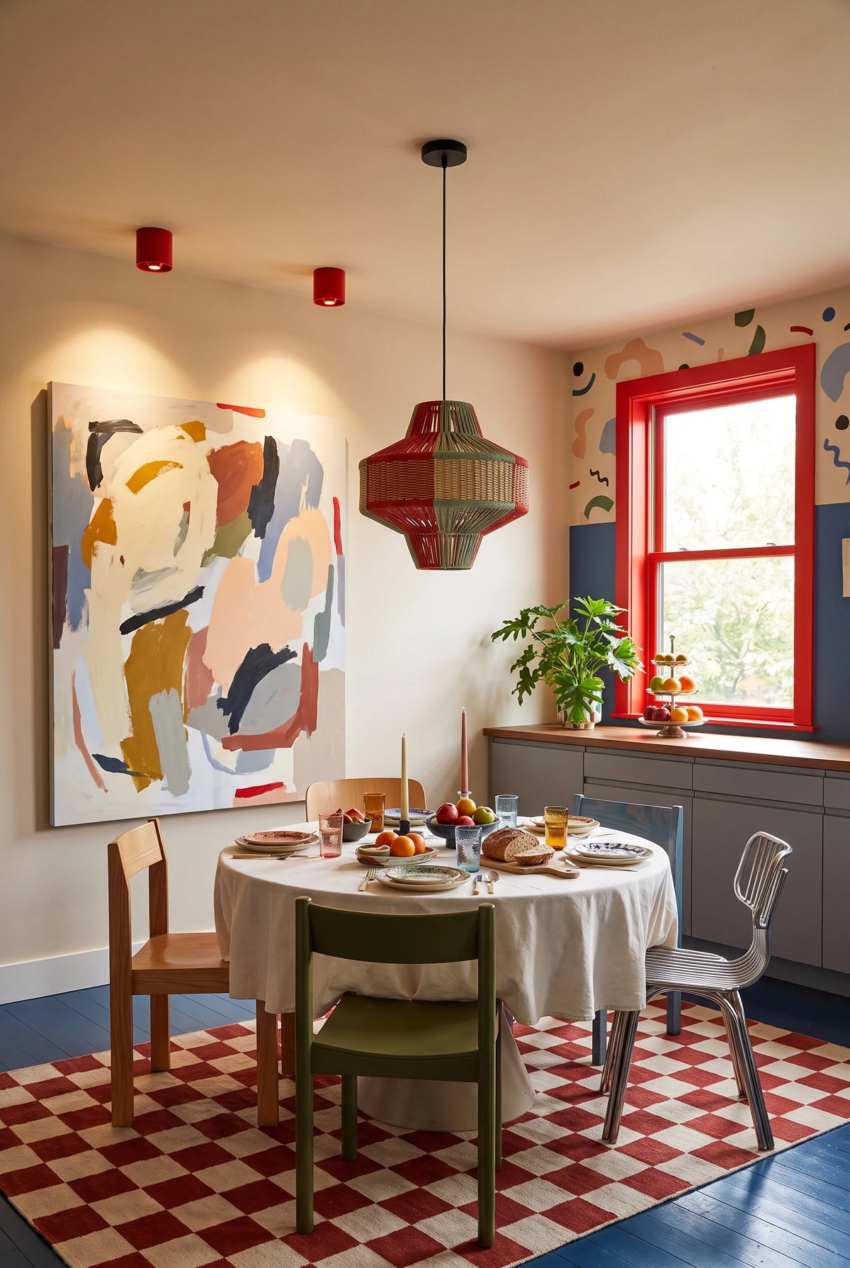 CharmyDecor Surface Mount LED Downlight red ceiling spotlights in an eclectic dining room with abstract art, checkerboard rug, red window trim, and colorful seating