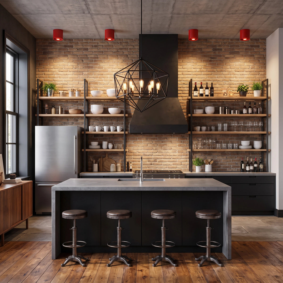 CharmyDecor Surface Mount LED Downlight red ceiling spotlights in an industrial kitchen with exposed brick, black cabinetry, open shelving, and geometric pendant light