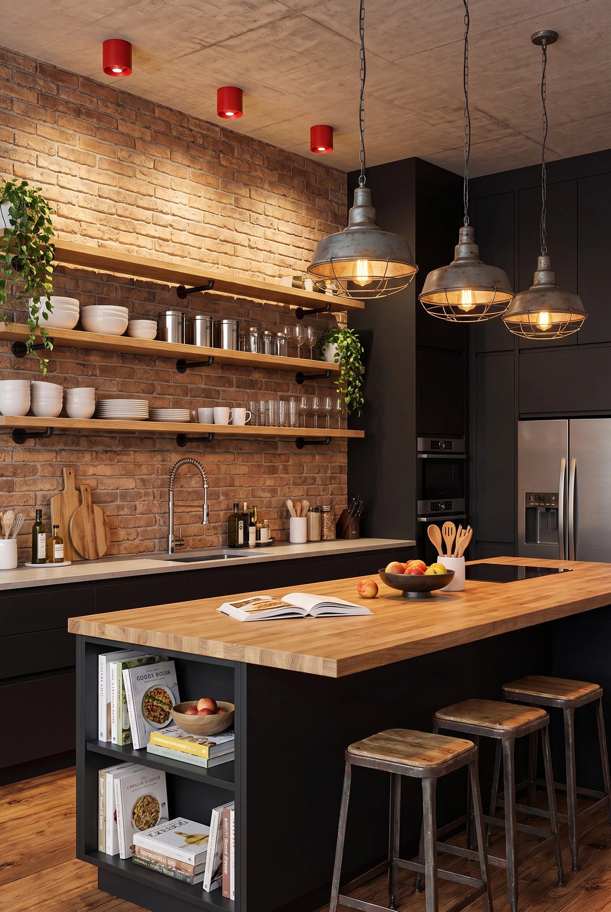 CharmyDecor Surface Mount LED Downlight red ceiling spotlights in an industrial kitchen with exposed brick walls, open wood shelving, black cabinetry, and wood island
