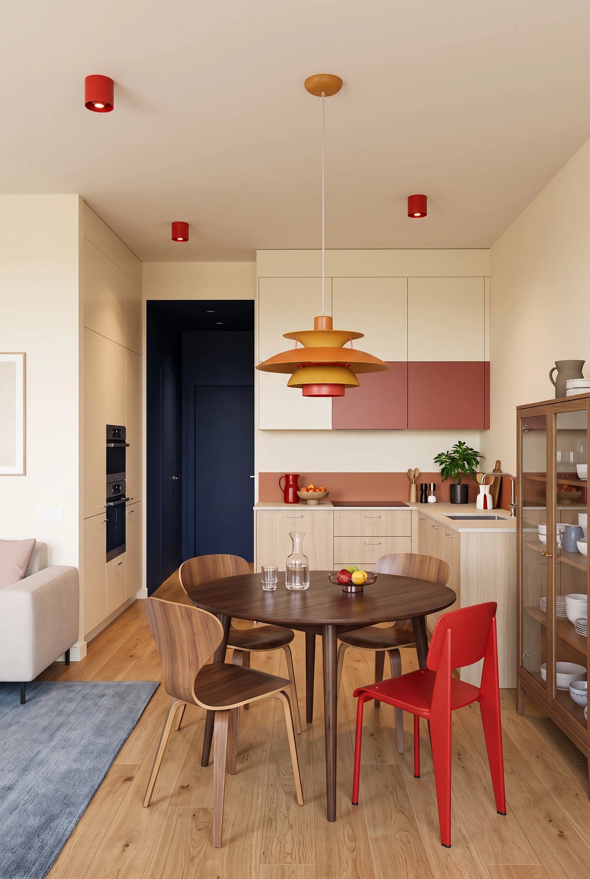CharmyDecor Surface Mount LED Downlight red ceiling spotlights in a modern dining kitchen with warm wood furniture and red accent chair