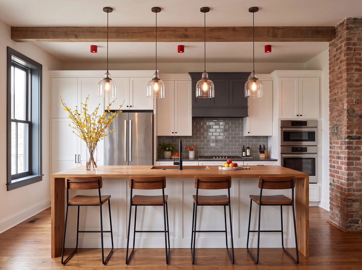 CharmyDecor Surface Mount LED Downlight red ceiling spotlights in a modern farmhouse kitchen with white cabinetry, wood island, glass pendant lights, and exposed brick column