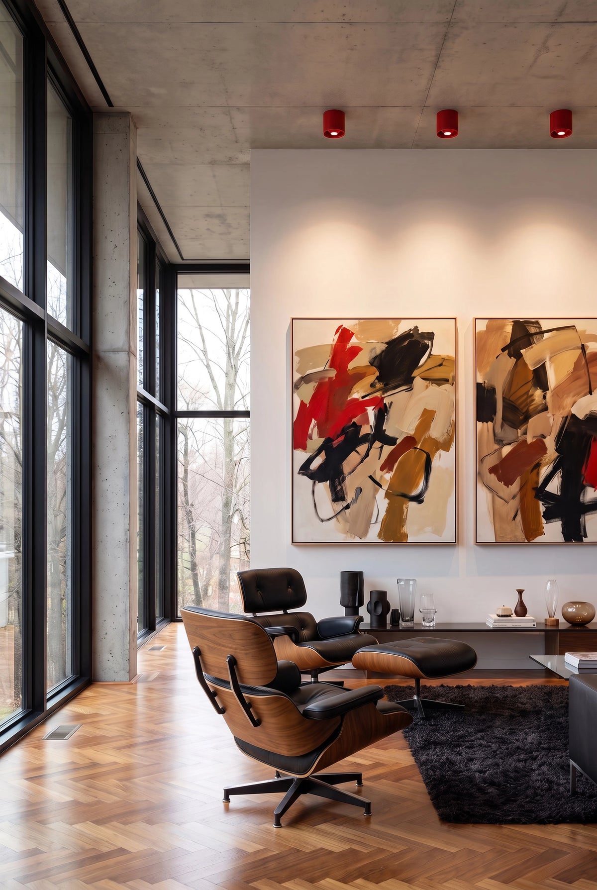 CharmyDecor Surface Mount LED Downlight red ceiling spotlights in a modern gallery living room with black leather lounge chairs and abstract art
