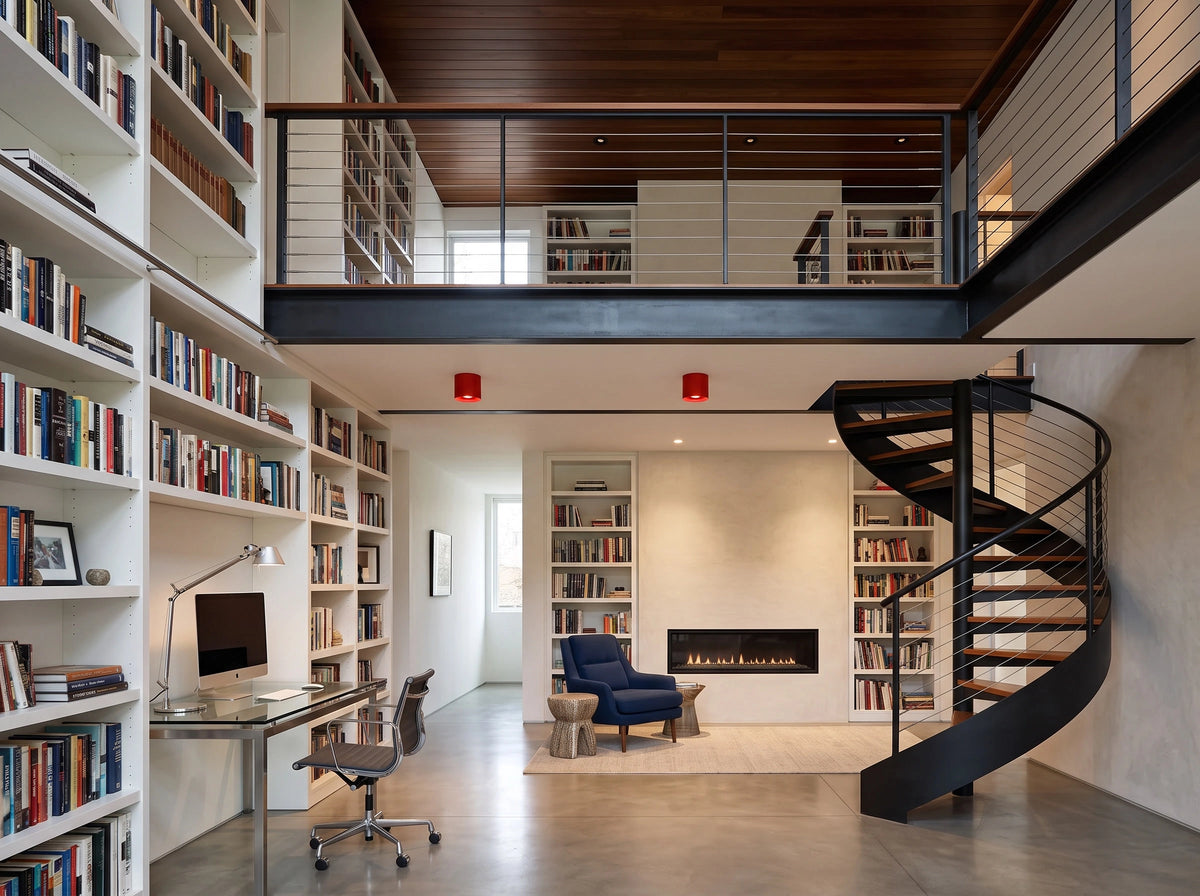 CharmyDecor Surface Mount LED Downlight red ceiling spotlights in a modern industrial home library with white built-in bookshelves, fireplace, blue lounge chair, mezzanine, and black spiral staircase