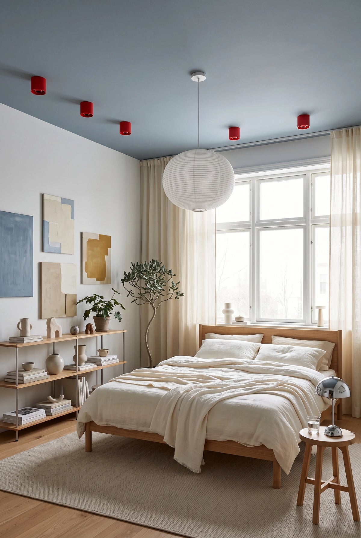CharmyDecor Surface Mount LED Downlight red ceiling spotlights in a bright Scandinavian modern bedroom with blue-gray ceiling and natural wood furniture