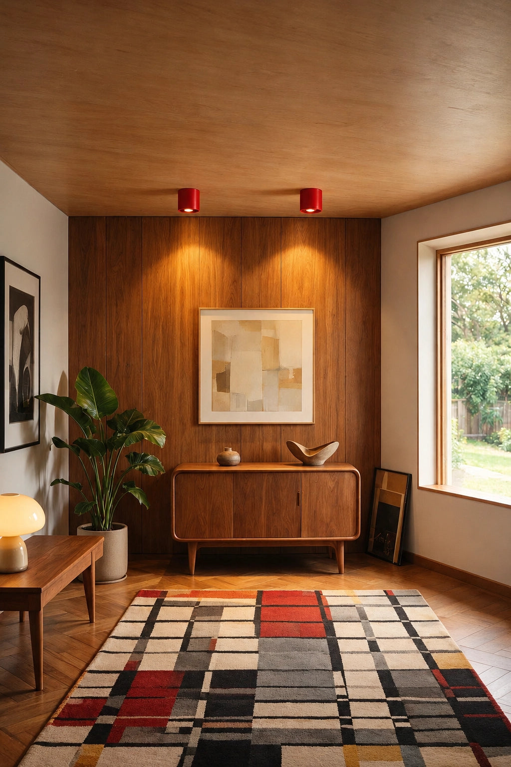 CharmyDecor Surface Mount LED Downlight red ceiling spotlights in a warm mid-century living room with walnut wall paneling and geometric rug