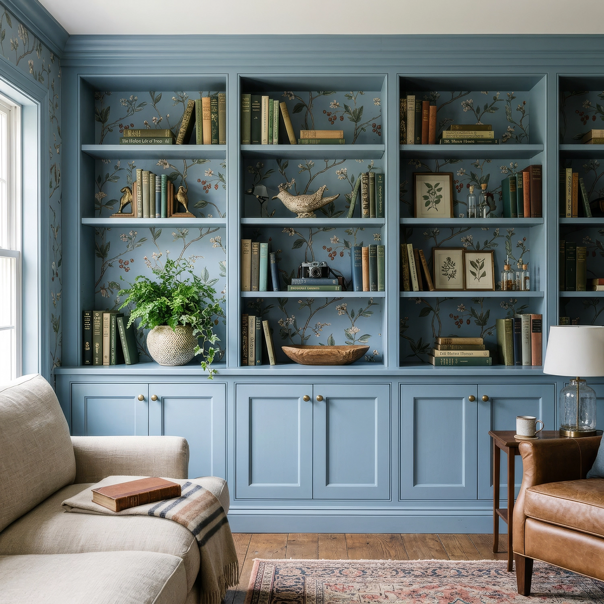Blue built-in bookshelf with botanical wallpaper backing, styled with books, ceramics, and decor in an elegant reading room