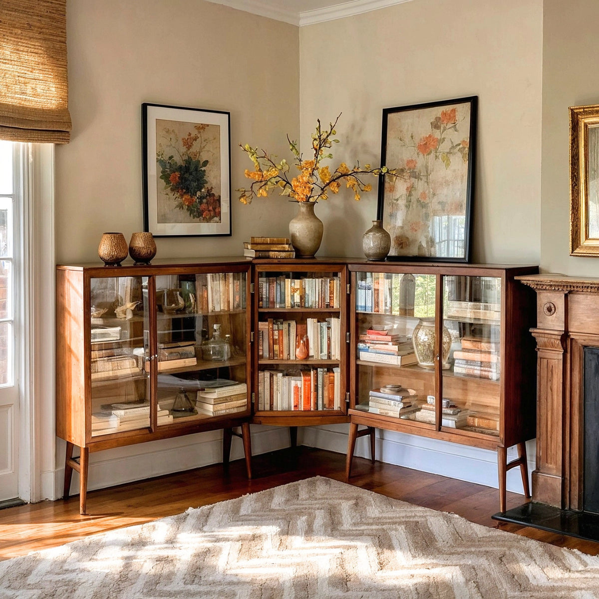 Mid-century modern walnut corner bookshelf with glass doors styled in an elegant living room, featuring books, decorative vases, and warm natural sunlight.