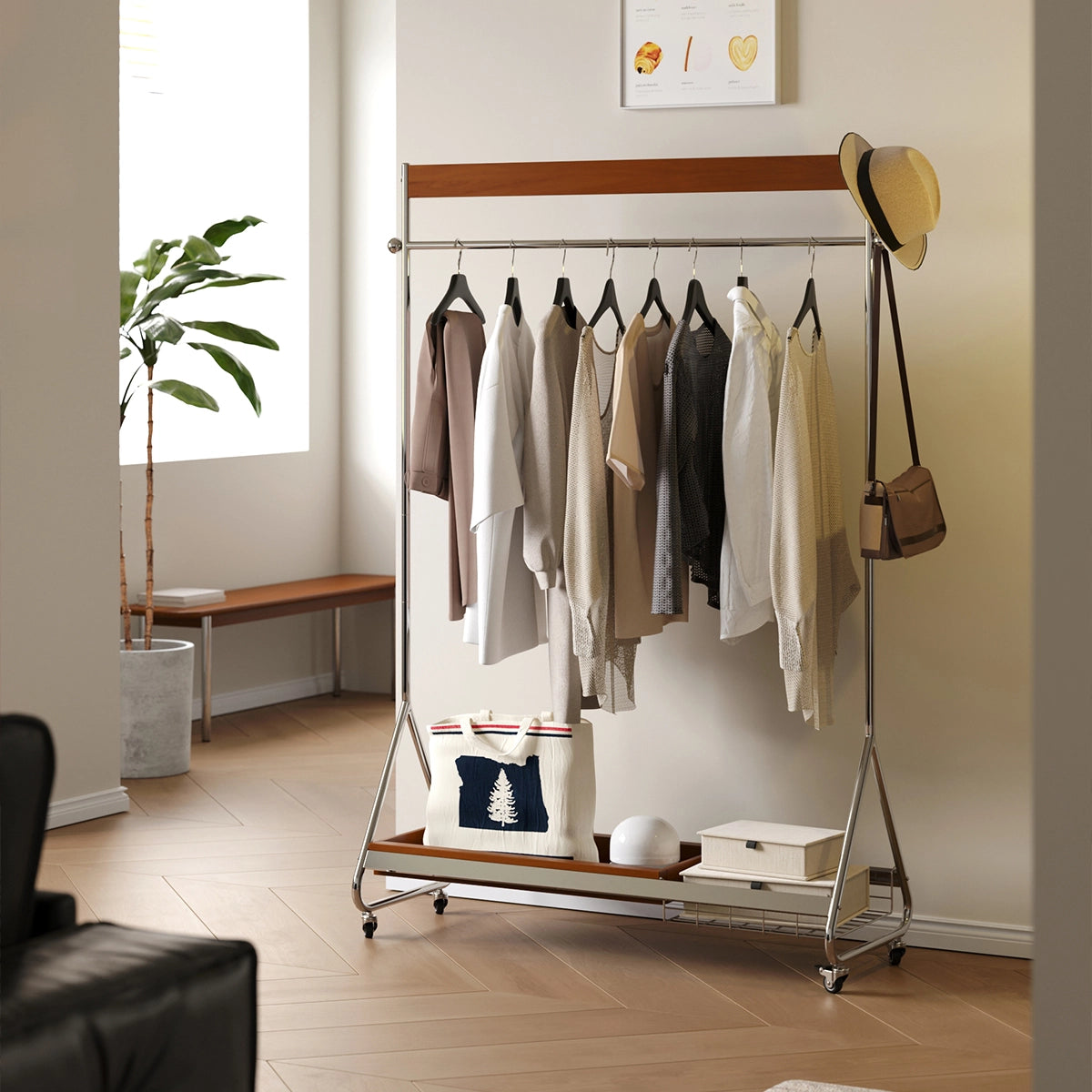 plant clothing rack Rolling Clothes Rack with Wood Shelf & Basket, Adjustable Height Stain – CharmyDecor