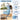 Blue hanging chair with floral cushions on a wooden deck, featuring product details.