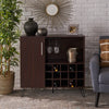 Mid Century Brown Oak Wine Cabinet with 15 Wine Cubbies, Door, and Open Shelf