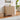 Fluted wood storage cabinet styled in living room with decor and plants
