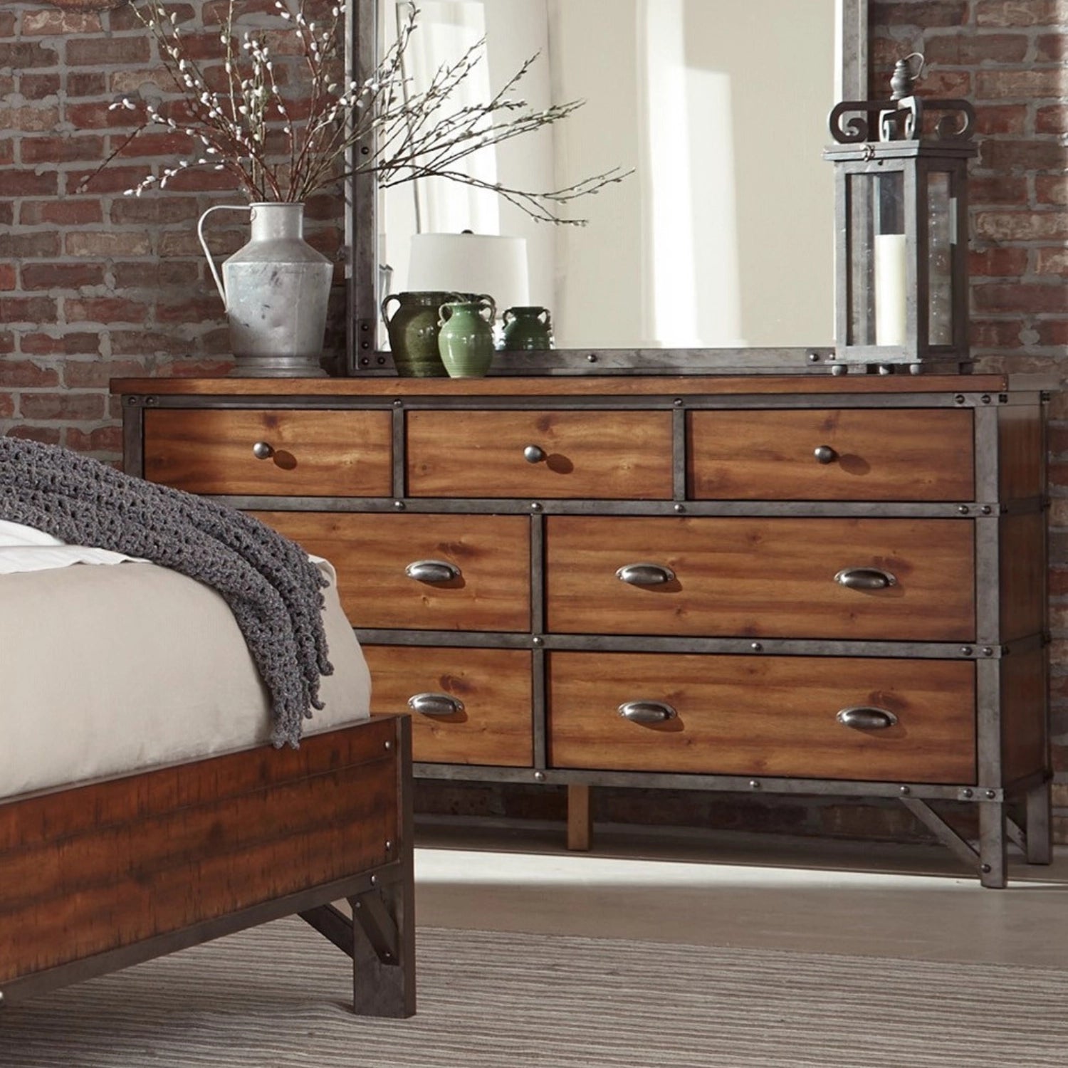 Industrial 7-Drawer Dresser in Rustic Brown and Gunmetal – Solid Wood