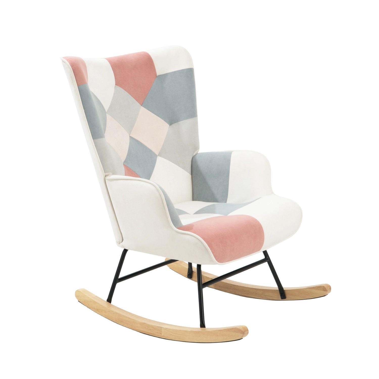 Mid-Century Modern Patchwork Rocking Chair with Soft Fabric, High Back ...