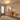 Mid-century modern entryway with a textured acrylic flush mount ceiling light, featuring a wood sideboard with a round mirror above, a mustard yellow Eames-style chair, and a soft beige rug on hardwood floors.