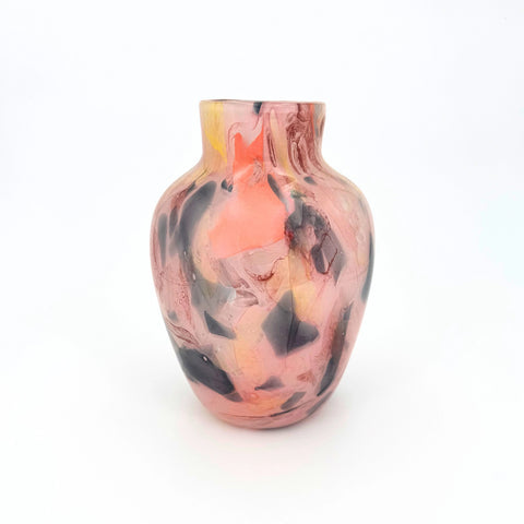 Handblown Pink Glass Vase with Black & Amber Marbling – 9 Inch Artistic Decorative Vase